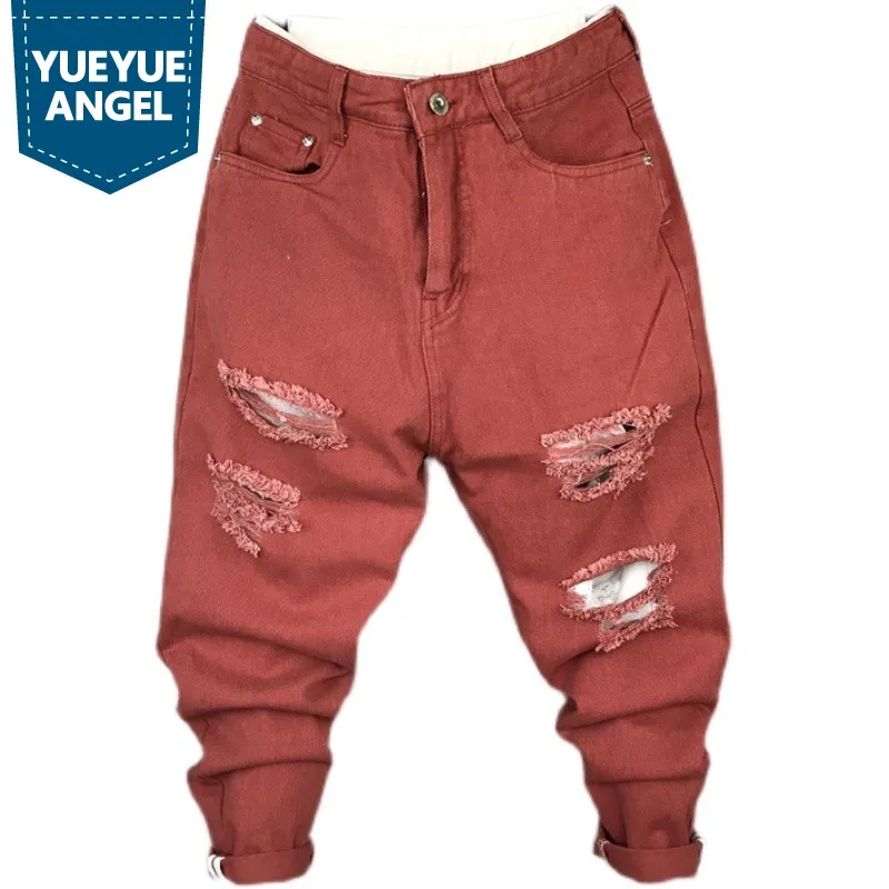 

Hole Ripped Harem Jeans Men Summer New Thin Slim Ankle Length Pencil Pants Zipper Casual Hip Hop Denim Pants Male Oversize