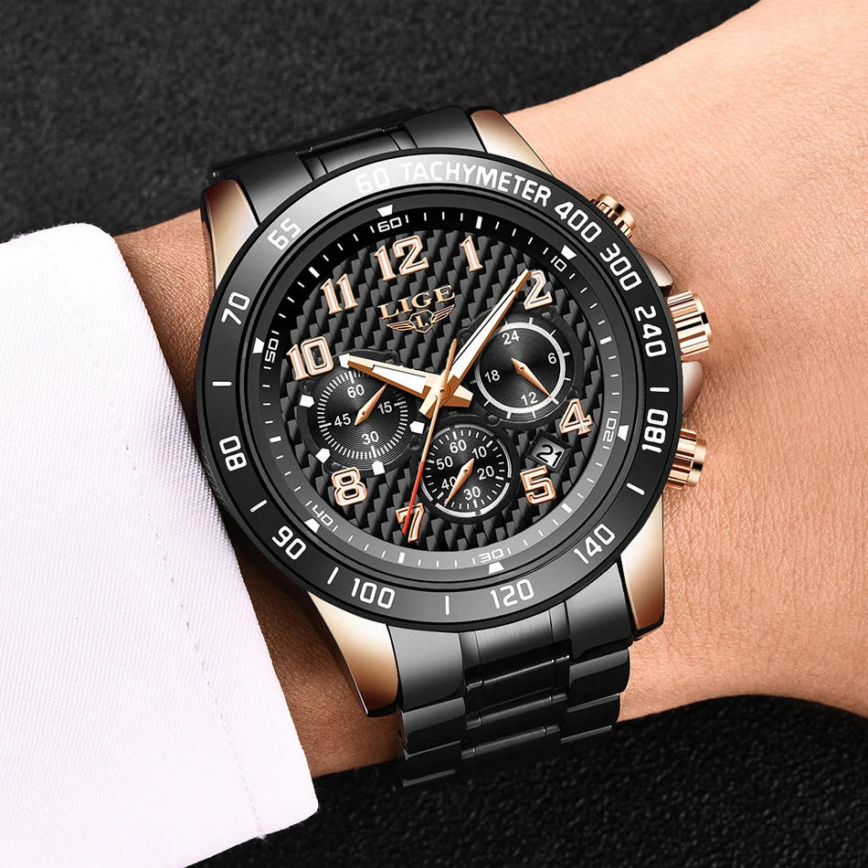 LIGE 2020 новые модные черные мужские часы лучший бренд роскошные спортивный