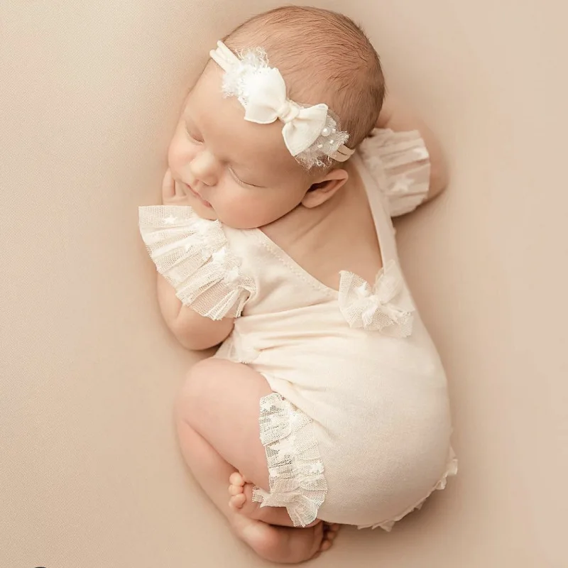 Newborn Photography Clothing Bow Headband+Jumpsuit 2pcs/set Studio Baby Girl Photo Props Accessories Newborn Shooting Clothes