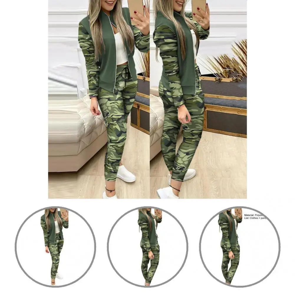 

Simple Women Outfit Warm Casual Tracksuit High Waist Slim Camouflage Stitching Stand Collar Sporty Outfit