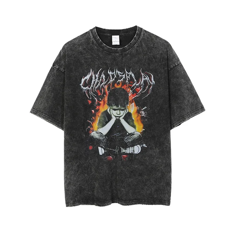

Hip Hop Retro Tees Streetwear Clothing Street Fashion Boy Thinking Print Men's Oversized T-shirt Washed Crop Top Woman Clothes