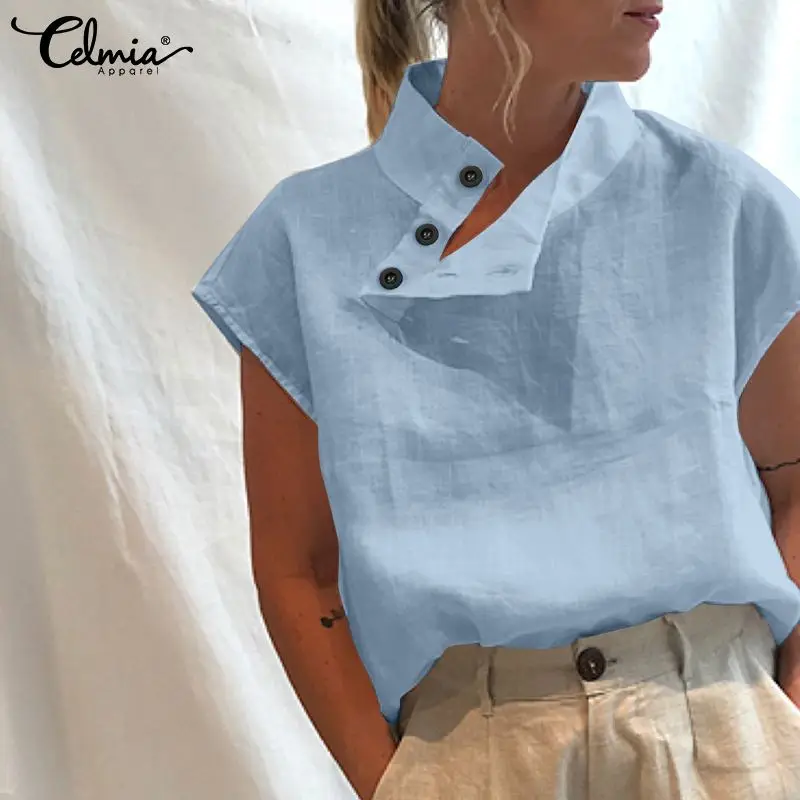 

Vintage Women Tunic Tops Celmia Summer Fashion Blouses 2021 Short Sleeve Cotton Buttons Solid Casual Loose Work Blusas Oversize6