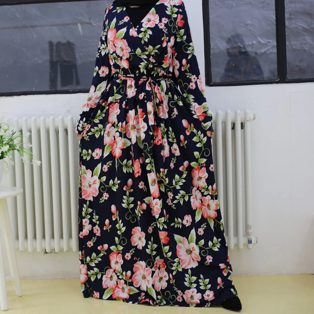 Мусульманское женское длинное платье с цветочным принтом, арабское Макси-платье, повседневное, с V-образным вырезом, джилбаб, Дубай, кафтан, ...