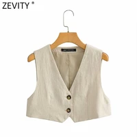 zevity women vintage v neck solid color linen short vest jacket lady retro sleeveless casual slim waistcoat chic crop tops ct705