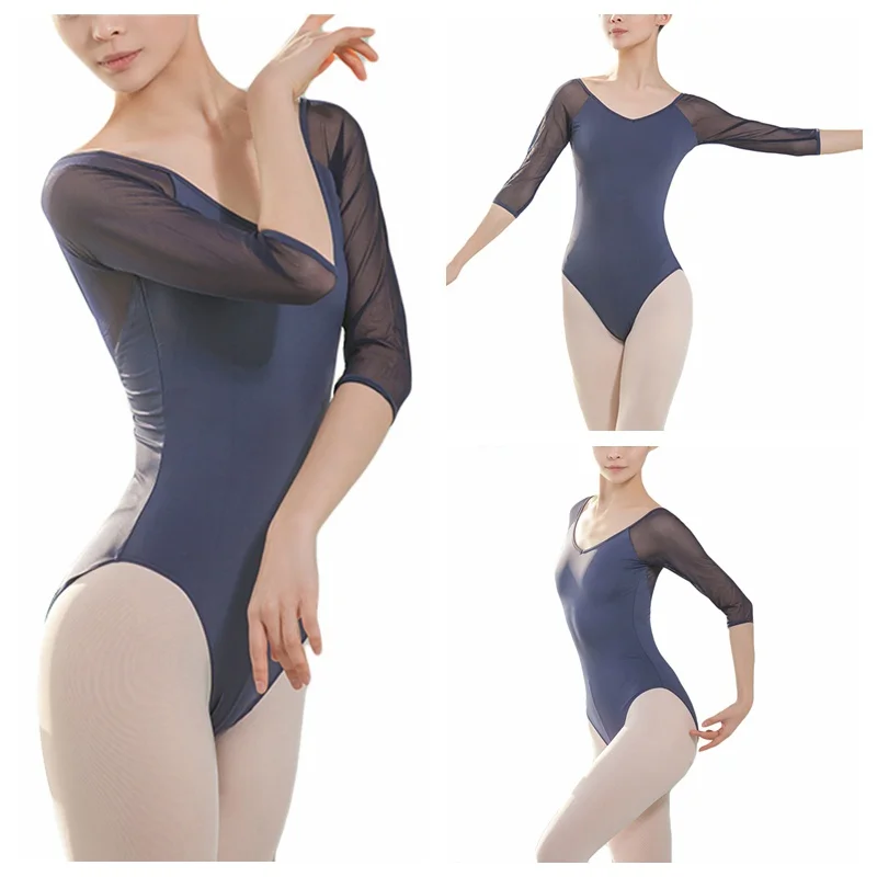

Girls Adult Ballet Leotards Bodysuit Spandex Dance Wear Black 3/4 Mesh Sleeve Gymnastics Leotard Backless Ballet Practice Dance