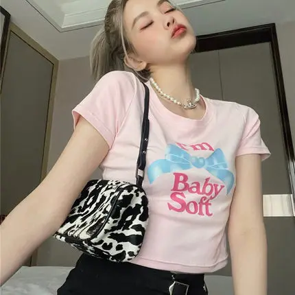 

Female clothing Y2K tops harajuku Women Graphic T Shirt Navel Stretchy Short Sleeve Kawaii Crop Top Streetwear Tees Aesthetic