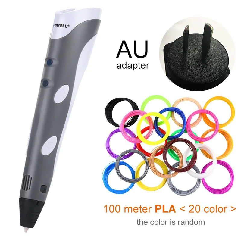 Myriwell, 3D Ручка,, сделай сам, 3D печать, ручка с 100 м ABS/PLA нитью, креативная игрушка, подарок для детей, дизайнерский рисунок - Цвет: Grey AU-100m PLA