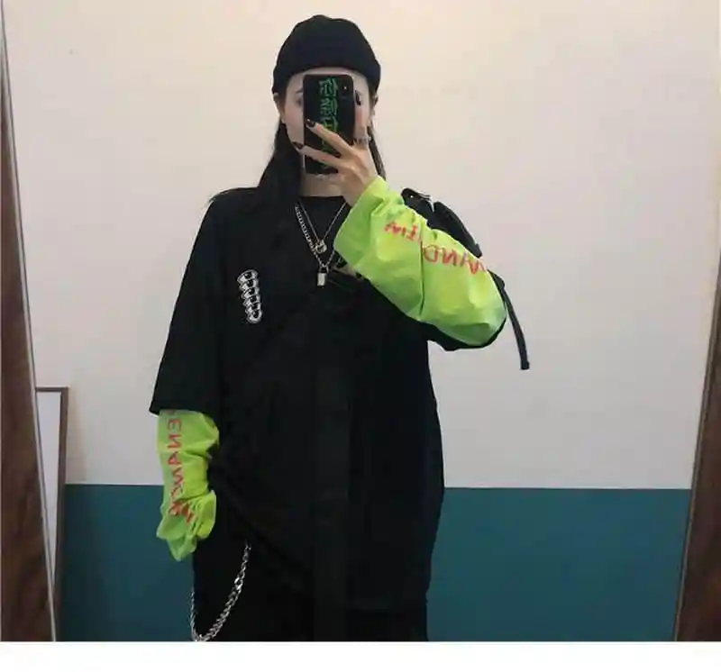 NiceMix Harajuku/футболка с принтом тыквы и буквами; Поддельные 2 штуки; Лоскутная Повседневная футболка с длинными рукавами; женская и Мужская Уличная одежда; топы