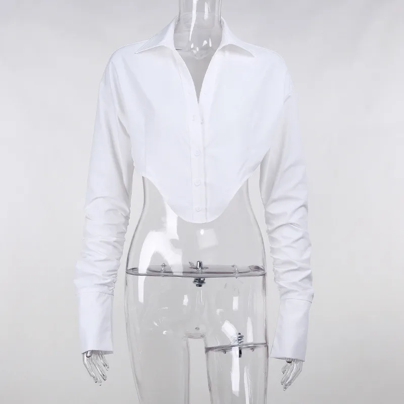 

Autumn Casual Cropped Shirts Women Tops Sexy Long Sleeve Solid Button Turn-down Collar Oversized Tee T-shirt Women Blusas Female