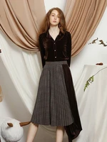 womens elegant velvet pleated check panel half skirtdesigner brand half skirt for ladies