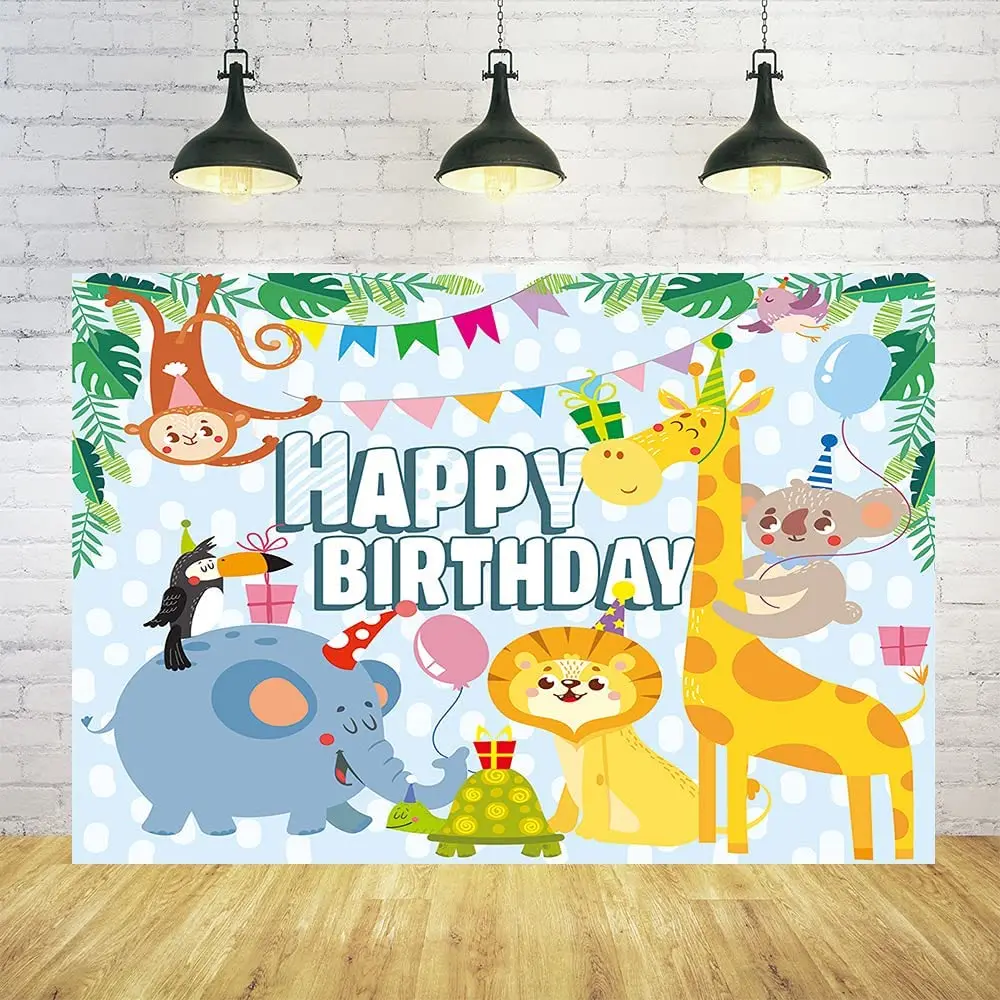 

Jungle Safari Animals Themed Photography Backdrops, Cartoon Happy Birthday Banner Baby Shower Party Supplies Photo Background
