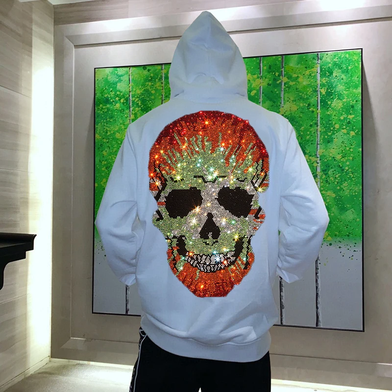 

Зимняя мужская толстовка, утепленная спортивный с капюшоном Стразы с градиентом черепа, Мужская теплая Высококачественная удобная пальто для сцены
