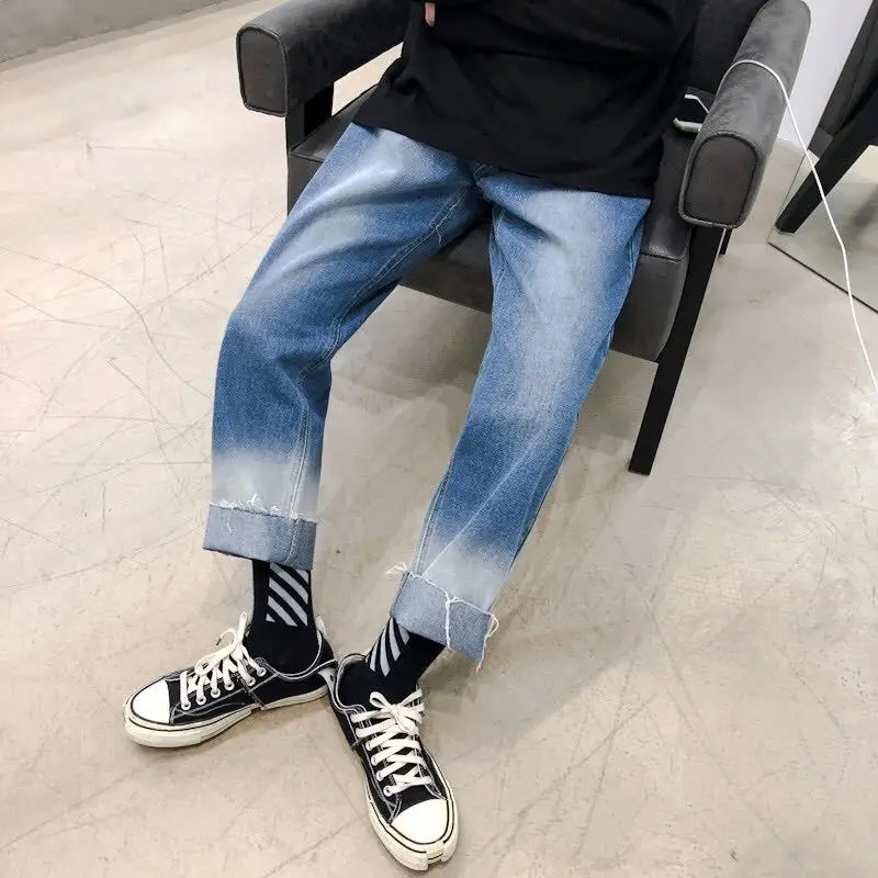 Джинсы мужские прямые повседневные с эффектом потертости модные брюки из денима