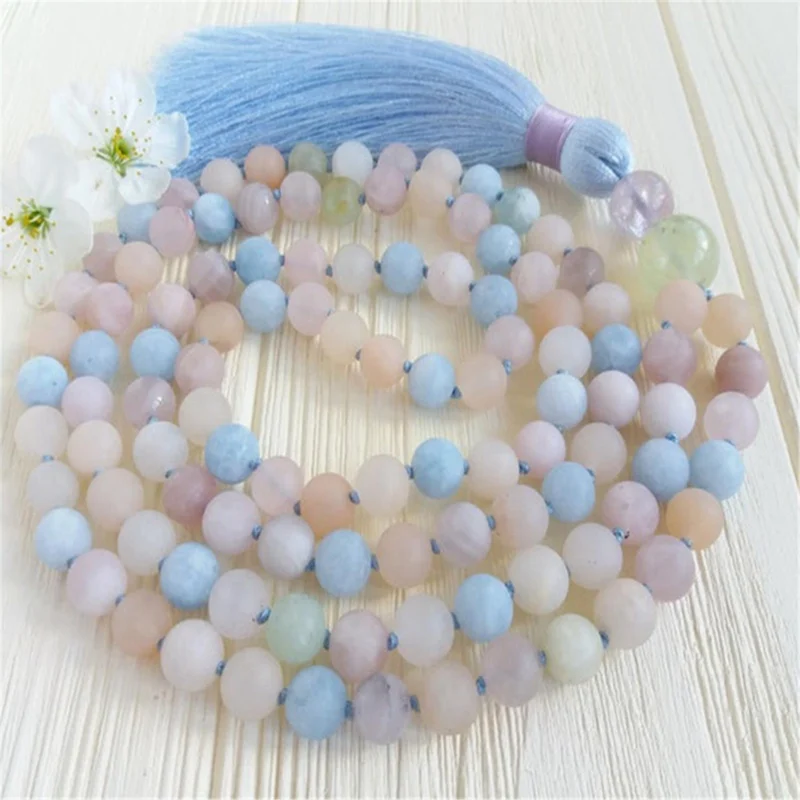 8 мм морганит Аквамарин 108 бусины ручной работы кисточка Мала ожерелье ретро