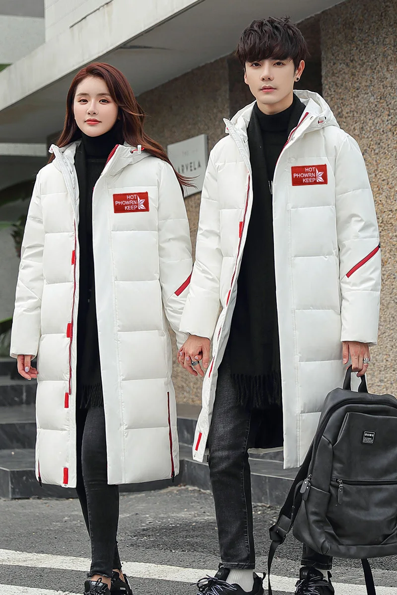 New 2021 white duck down thickened casual fashion down jacket hooded couples long winter snow skiing for men and women big coat