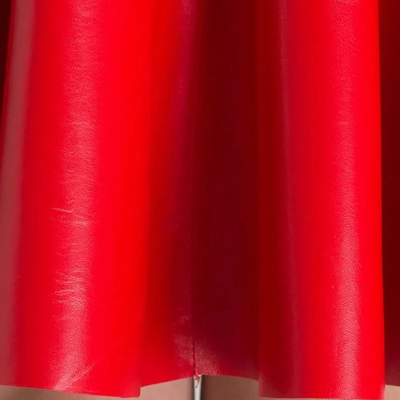 

100% Fashion Real 2021 Leather Skirt Women Brand OL Sheepskin Pleated Skirts Red High Waist Knee Length Skirt Plus Size 4XL