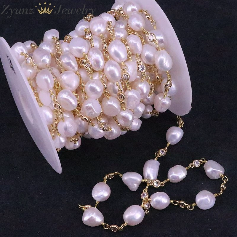 Цепочка с пресноводным жемчугом и белым цирконием разделенная бусинами из