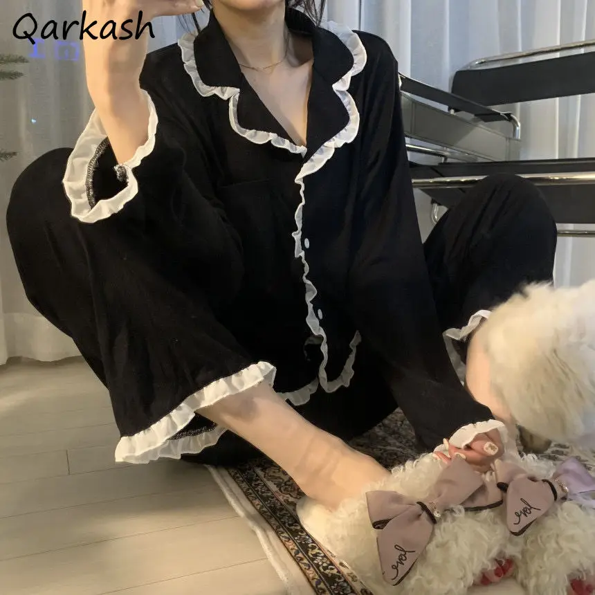 

Pajama Sets Women Long Sleeve Spring Single Breasted Patchwork Simple Japan Style Female Sleepwear Fashion Leisure Comfortable