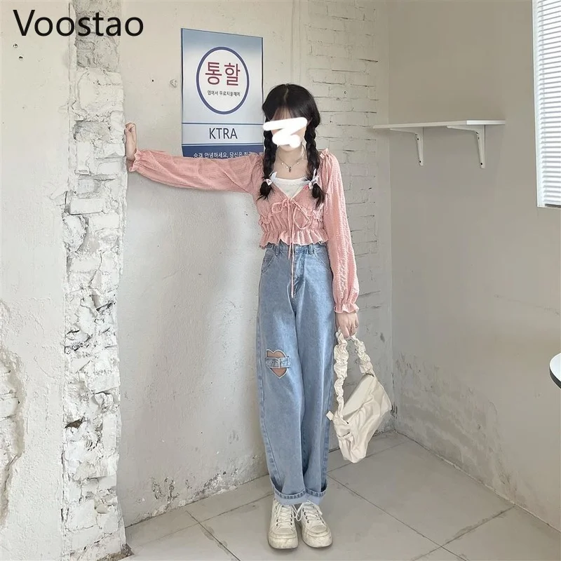 Милые синие джинсовые брюки с высокой талией женские шикарные широкие вырезами