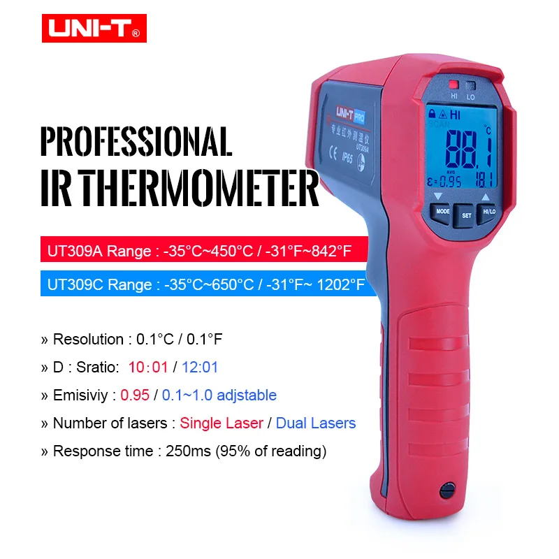 

UNI-T UT309A/UT309C High precision Professional industrial Infrared Thermometer IP65 dust/waterproof non-contact High/low alarm