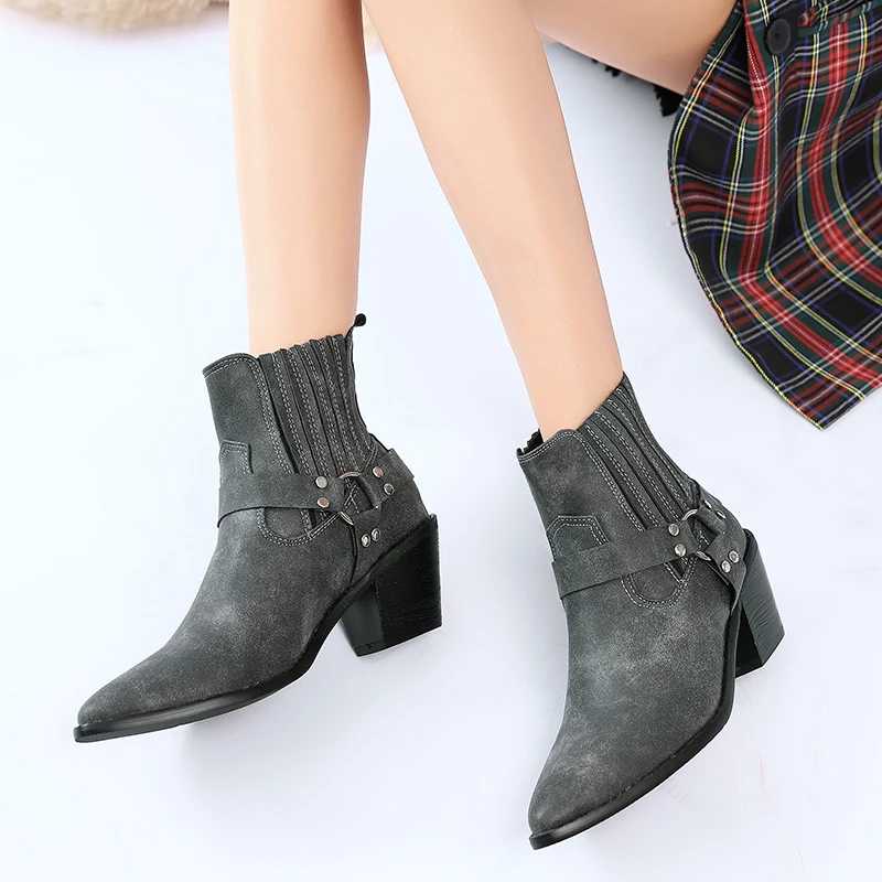 

Женские ковбойские ботильоны из ПУ кожи, с острым носком