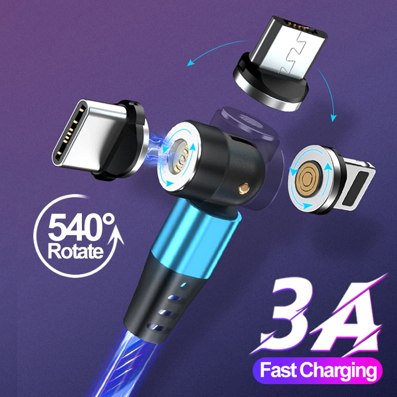 

540 Rotation Glow LED Light Magnetic Cable Micro USB Type C Cable USB C Cable Fast Charge Cable For iPhone Huawei Samsung Xiaomi