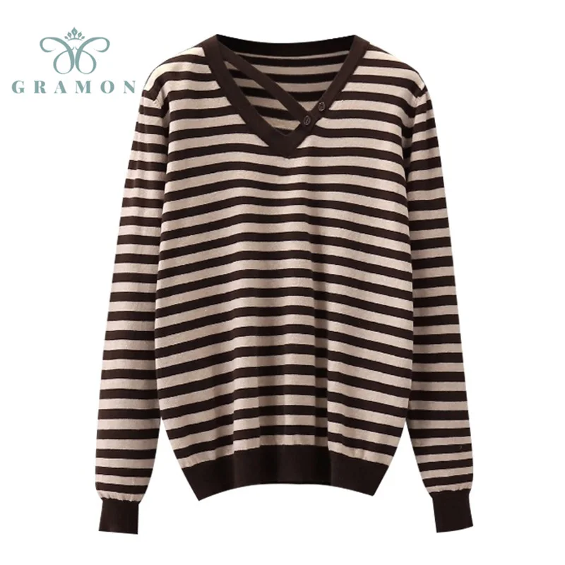 

Women's Oversize Knitted Sweater Autumn Clothes 2021 New Striped Long Sleeve Loose Pullover Top Fashion Casual Soft Jersey Mujer