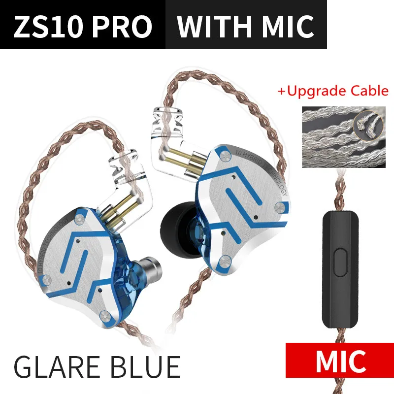 Glare blue mic Sil KZ ZS10 PRO 4BA+ 1DD гибридная Hi-Fi металлическая гарнитура наушники-вкладыши Спортивная гарнитура с шумоподавлением AS10 BA10 ZST ZSN PRO ES4 T2 AS16 - Цвет: Glare blue mic Sil