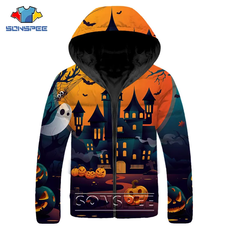 

SONSPEE Horror Ghost Castle Parkas 3D Print Pumpkin Lanterns Witch Down Jacket Winter Keep Warm Hip Hop Thick Halloween Coats