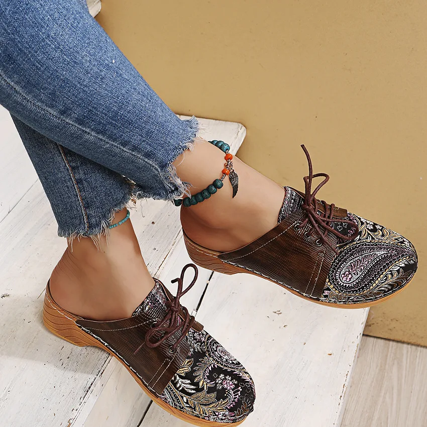 

Retro Floral Cloth Lace Up Decor Wood Mules Clogs Comfy Low Heel Sandals Slippers Women Shoes Comfortable Casual Canvas Shoes