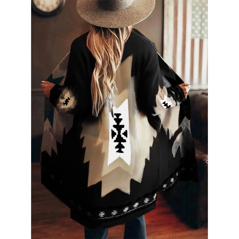 

Southern Town Ladies Vintage Printed Coat Fashion Round Neck Long Jacket Printed Jacket Fall 2020