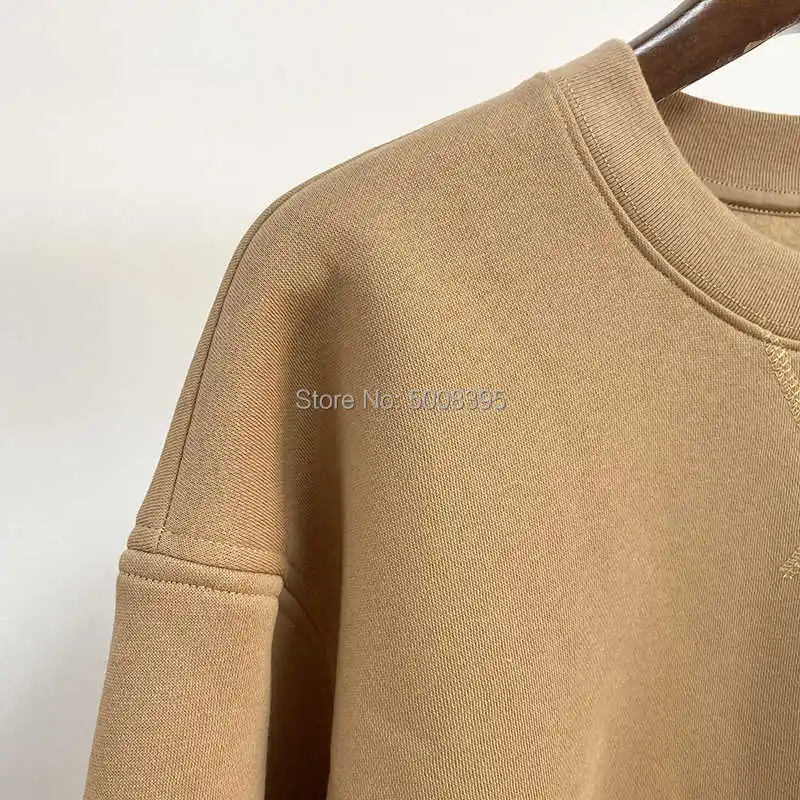 

Woman Camel cotton silk blend Sweatshirt Round Neck Oversized Top Fleece Lining Embroidered Monogram Drop Shoulders LongSleeves