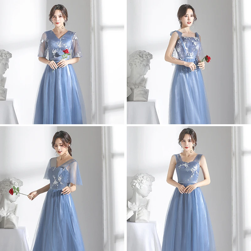 Серое синее платье подружки невесты свадебное Azul Marino элегантное женское для