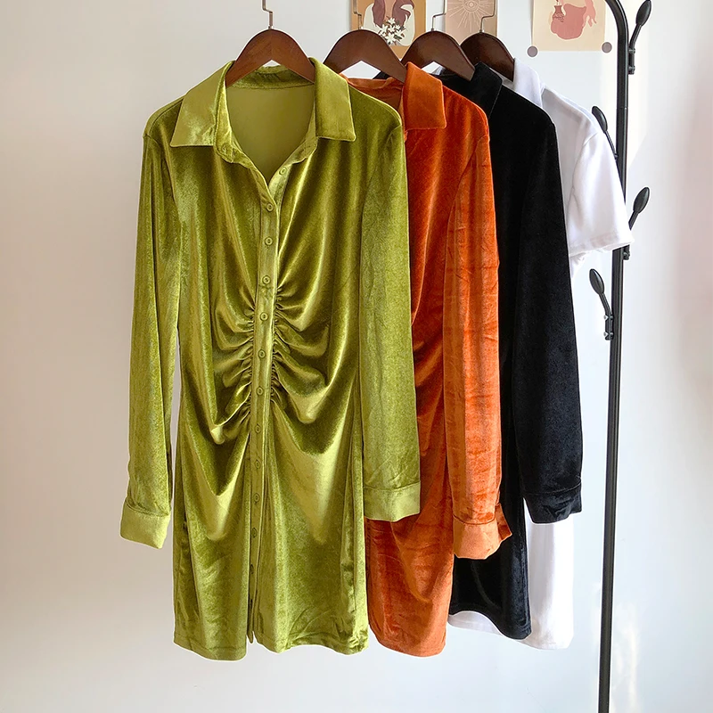 

Sexy Mini Slim Dress Women Green Club Party Dress Turn-Down Collar Button Short Dresses Female Elegant Streetwear Shirt Vestidos