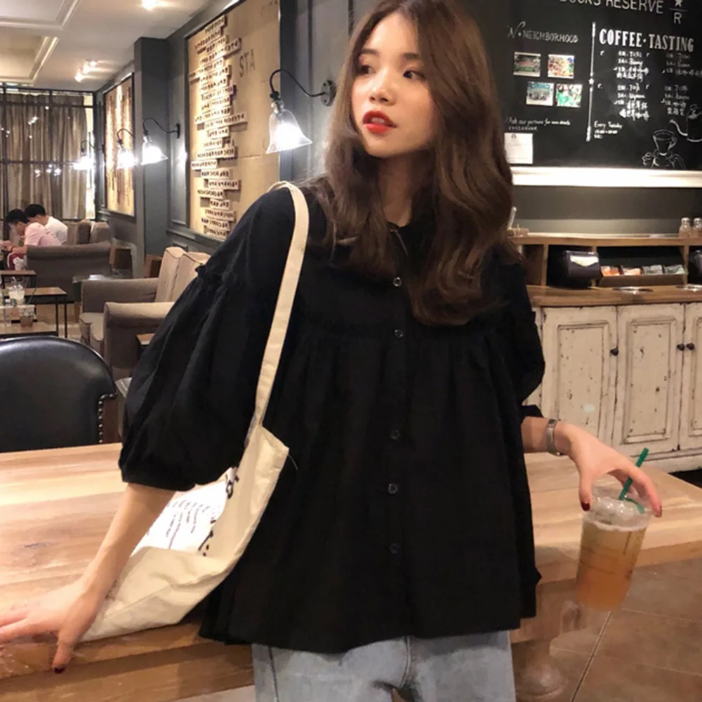 

Japan Style Blouse Casual Loose Korean Fashion 2021 Spring Summer Simple Solid Color Single-breasted Lantern Sleeve Round Neck