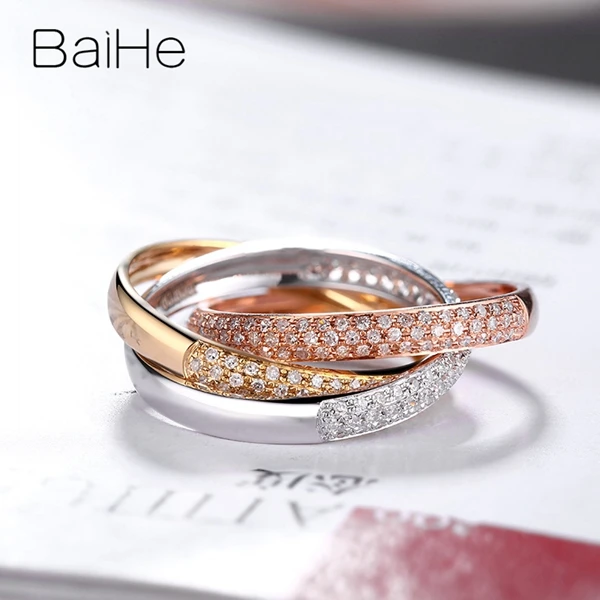 BAIHE, 18 карат, белый+ желтый+ розовое золото, сертифицировано, всего 0.58ct, Круглый, с натуральными бриллиантами, для женщин, свадьба, модный, хорошее ювелирное изделие, подарочное кольцо
