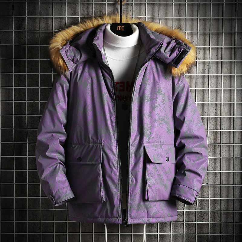 Winter menjacket Luminous color fur collar thickened keep warm winter personality trend loose casual high quality jackets