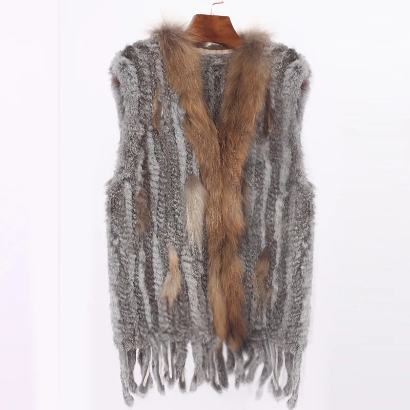 ETHEL ANDERSON Womens Handmade Knitted Gilet Real Farm Rabbit Fur Vest/Top Lady Warm Raccoon fur Collar Vtg Tassels Wholesale