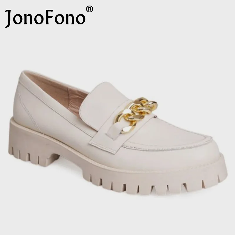 

JonoFono 2022 Woman Flat Shoes Real Leather Metal Chain Ladies Shoes Fashion Casual Daily Female Shoes Footwear Size 34-40