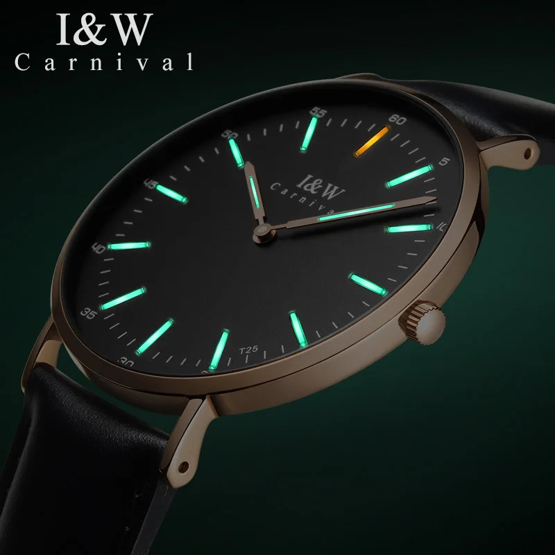 

Carnival Brand Fashion Tritium Watch Men Waterproof Ultra Thin Casual Quartz Wristwatch Self Luminous Clock Relogio Masculino