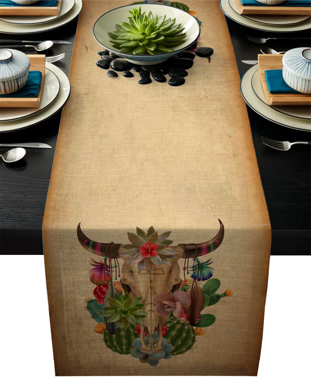 Летний кактус корова череп ретро Multi настольная дорожка Современная льняная