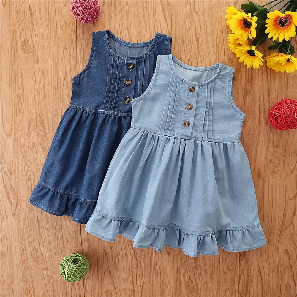 

On Sale Baby Girls Dresses Button Soft Denim Sleeveless Cute Dress Ruffle Casual Dress Holiday Cool Bebe Clothes Infan Outfits