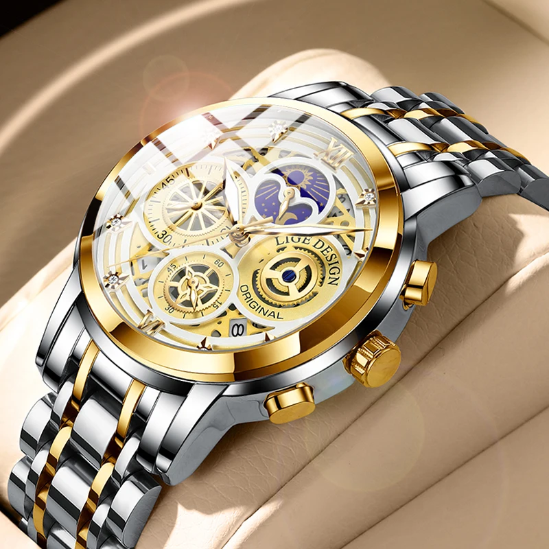 

2022 LIGE New Fashion Men's Watch Stainless Steel Hollow out Quartz Watches Men's Top Brand Luxury Waterproof Sports Chronograph