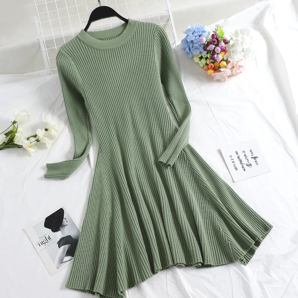 Женский платье свитер с Круглым Вырезом Повседневный вязаное платье женское осень платье зима платья женские трикотажные платья