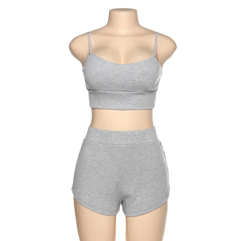 

2021 Camisole High Waist Bodycon Shorts Sets Women Summer Casual Slim Homewear 2 Pieces Set Female Solid knitted Gray Tracksuit