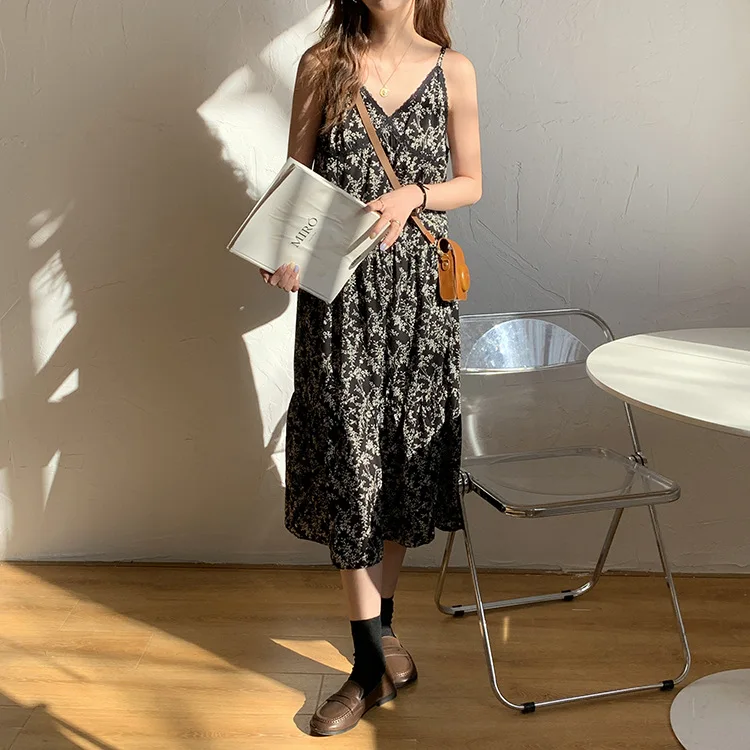 

Women A line Dress Elegant Leopard Loose Janpan Harujuku Spaghetti Strap Sexy V-neck Casual Long Dress black dress women