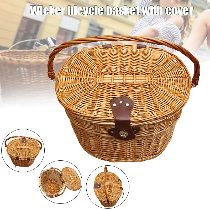 

Wicker Front Handlebar Bike Basket Hand-Woven Craftsmanship Bicycle Handlebar Storage Basket with Leather Straps C44