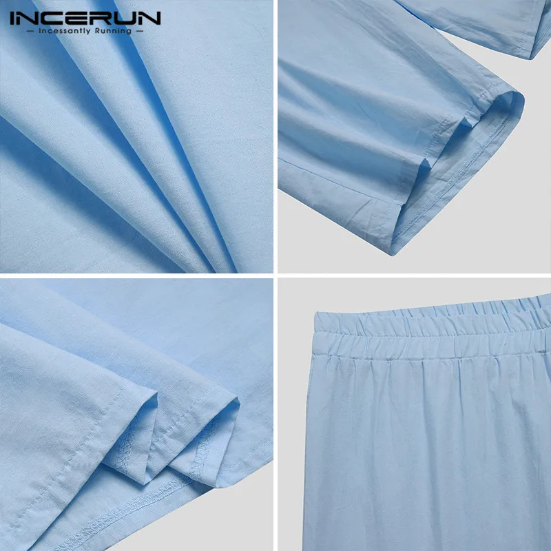 

INCERUN Mens Pajama Sets Leisure Short Sleeve V Neck Tops Elastic Waist Shorts Suits Man Solid Color Cozy Sleepwear Suits S-3XL