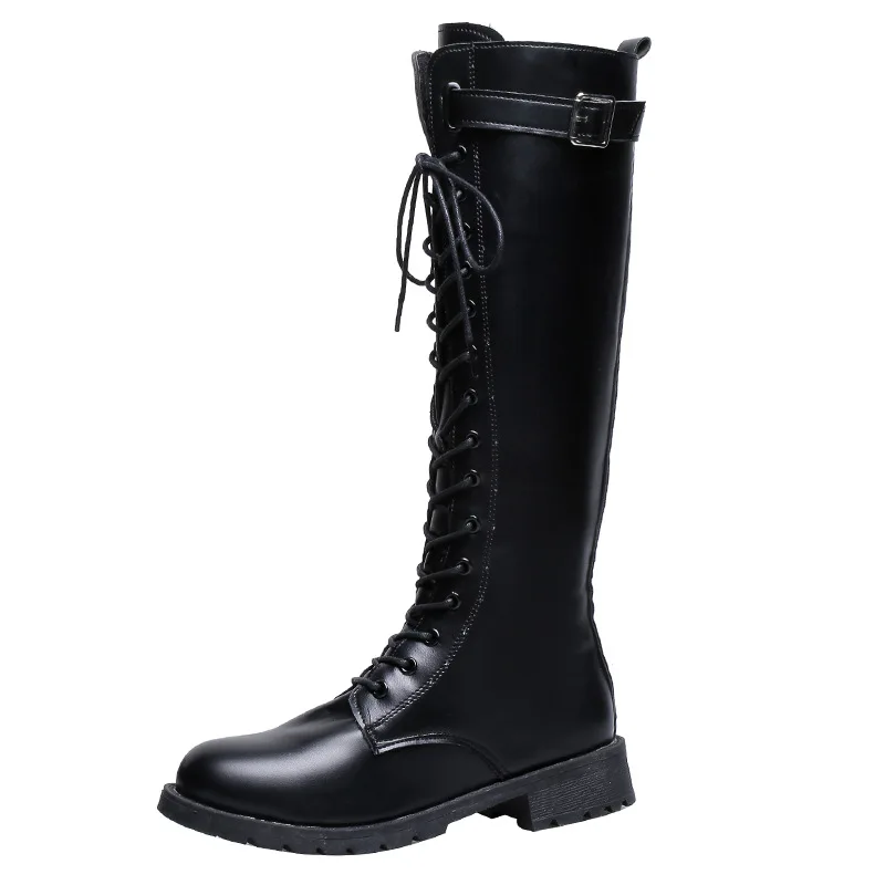 

Leather Knee High Boots Women Autumn Winter Low Square Heel Ladies Cross Strap Shoes Woman Lace Up Black Round Toe Boots