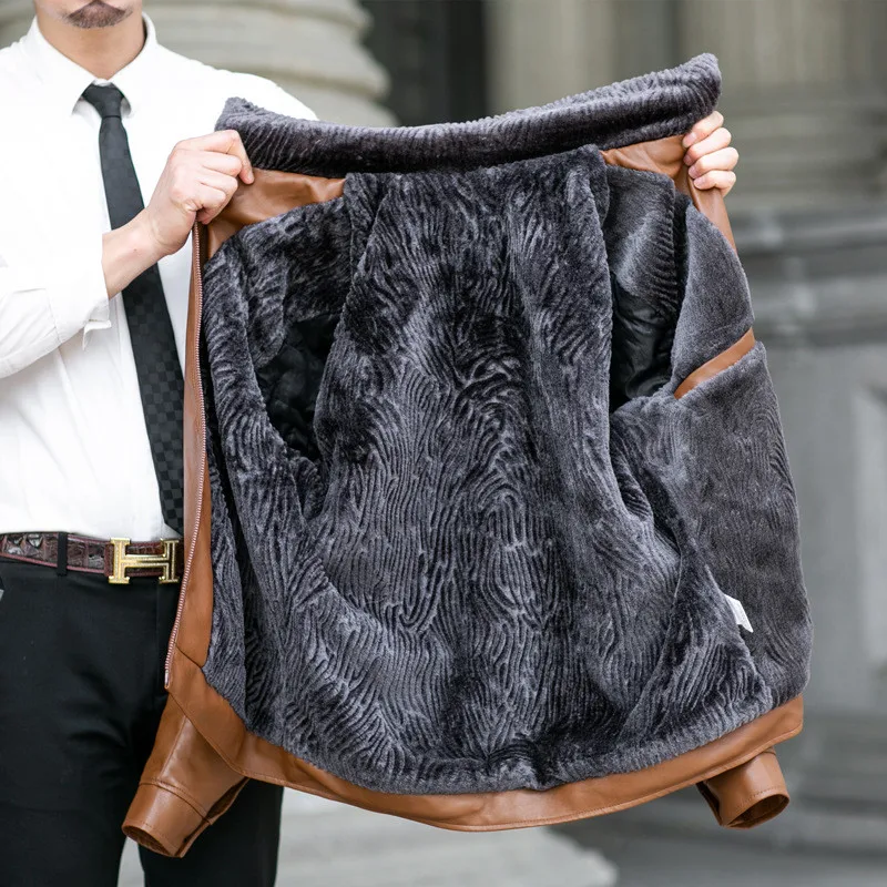 Мужская кожаная куртка с мехом утепленная бархатная мягкая теплая куртка-бомбер